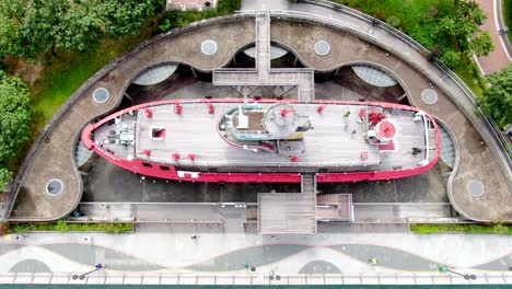 Hong-Kong-waterfront-decommissioned-Fireboat-museum-and-exhibition-gallery-named-after-Alexander-Grantham,-Aerial-view