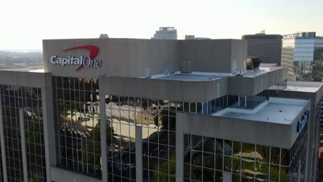 Aerial-of-Capital-One-bank-headquarters,-incorporated-in-Delaware-USA,-large-American-bank-and-issuer-of-consumer-credit-cards