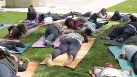 Un-Grupo-De-Jóvenes-Estudiantes-De-Primaria-Hacen-Yoga-Sobre-Coloridas-Esteras-En-El-Césped.