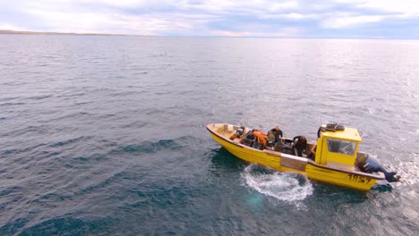 Diver-fisherman-jumping-overboard-of-the-boat-in-the-inmensity-of-the-patagonian-sea---Aerial-zoom-out-shot