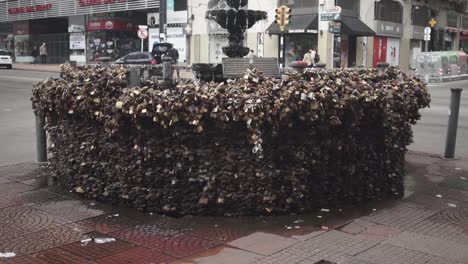 Pan-tilt-up-shot-of-Fountain-of-Padlocks-in-Montevideo