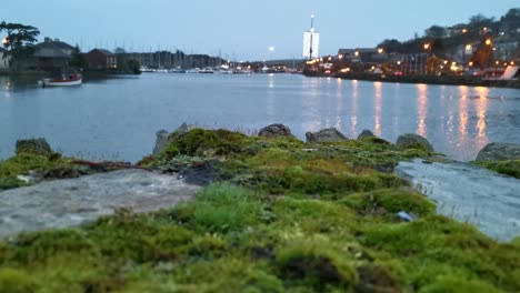 Noche-De-Invierno-En-El-Puerto-De-Kinsale-Con-Musgo-Creciendo-En-La-Pared-De-Piedra,-Luces-Y-Reflejos-En-El-Agua