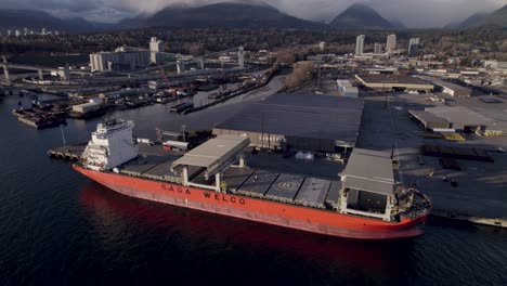 Cargo-ship-in-modern-commercial-port-of-Vancouver,-Canada