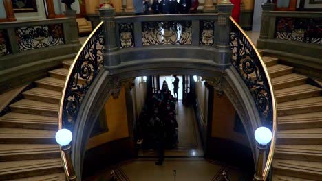 Tilt-up-from-the-stairs-to-the-stained-glass-windows-of-the-cupola-of-the-Intendencia-de-Santiago,-current-site-of-the-Presidential-Delegation