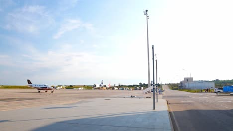 Panning-view-of-the-terminal-and-apron-at-the-Castellon-airport,-Spain