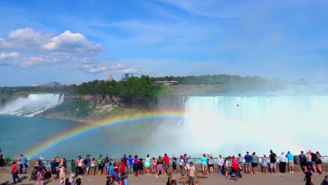 Toma-Panorámica-De-Turistas-Reunidos-Alrededor-De-Las-Cataratas-Del-Niágara,-Con-Un-Impresionante-Arco-Iris-En-El-Fondo