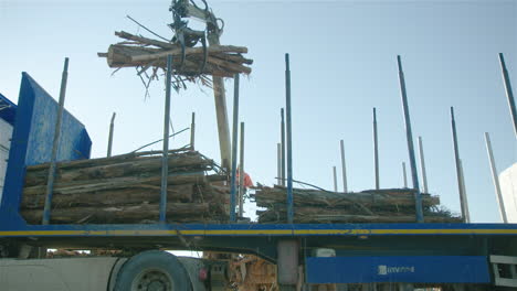 Operador-De-Grúa-Apila-Hábilmente-Madera-En-La-Parte-Trasera-Del-Camión,-ángulo-Bajo