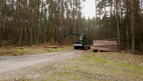 Vehículo-Forestal-Que-Mueve-Troncos-Caídos-De-La-Carretera-A-Un-Montón-De-Madera