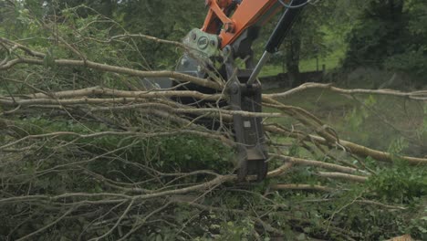 Der-Hydraulische-Daumen-Am-Bagger-Gibt-Die-Ladung-Bäume-Frei,-Die-Auf-Den-Stapel-Fallen