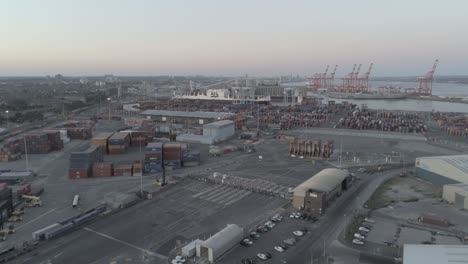 Aerial-view-across-industrial-harbour-cargo-freight-distribution-shipyard