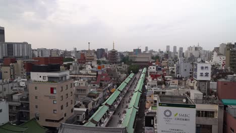 High-above-slow-motion-view-out-on-Sensoji-Shrine-in-Tokyo,-Japan