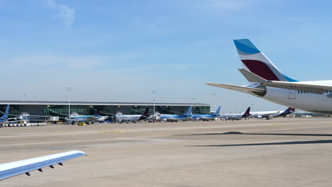 Brussels-Airport-During-Covid-19-Outbreak-and-Travel-Ban,-Static-View-of-Grounded-Airplanes