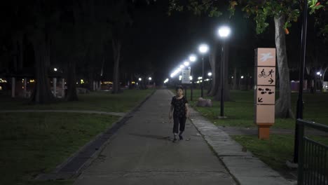 Ältere-Frau-Spaziert-Entlang-Des-Weges-Im-East-Coast-Park,-Singapur,-Während-Es-In-4K-Dunkel-Ist