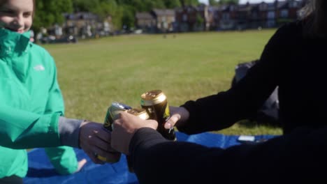 Cámara-Lenta-De-Tres-Amigos-Haciendo-Un-Picnic-Y-Animando-Bebidas-En-El-Parque-Endcliffe,-Sheffield,-Inglaterra