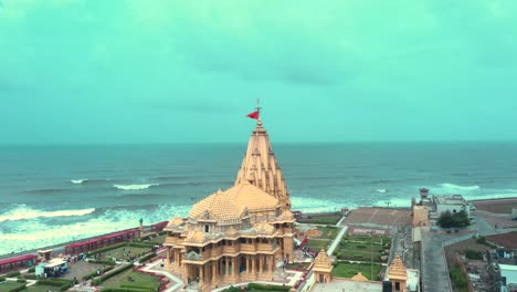 Aerial-backward-drone-shot-of-Somnath-mandir