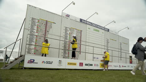 Asistente-De-La-Tripulación-Actualizando-Un-Gran-Marcador-En-Un-Evento-De-Campeonato-De-Golf