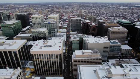 Drone-shot-of-Freedom-Trucker-Rally-on-Slater-Street-in-Ottawa,-Ontario-on-January-30,-2022-during-the-COVID-19-pandemic