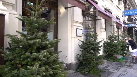 Person-wearing-facemask-cleaning-storefront-with-winter-decorations