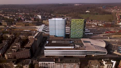 Colorful-architectural-detail-in-high-rise-buildings-in-Dutch-public-transportation-and-infrastructure-cityscape