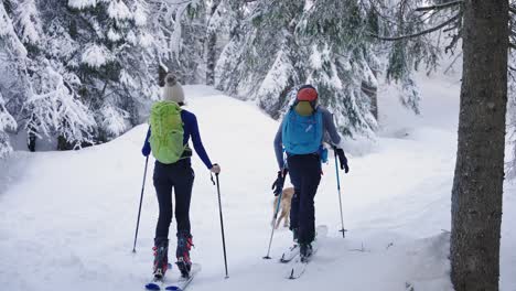 Family-with-golden-retriever-dog-walk-together-in-snow-forest