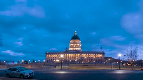 Salt-Lake-City,-Utah-State-Capitol-Building---sliding-nighttime-time-lapse-at-dawn