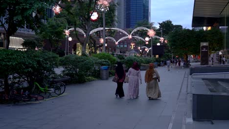 Gruppe-Muslimischer-Frauen,-Die-Auf-Der-Ochard-Road-Spazieren,-Weihnachtsbeleuchtung,-Singapur