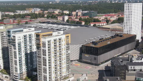 Friends-Arena-Stockholm,-Sweden---Wide-Aerial-Orbit-View-Over-Stadium