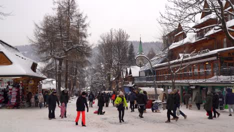 Wide-view-of-typical-wooden-houses-in-Zakopane,-Poland-during-winter