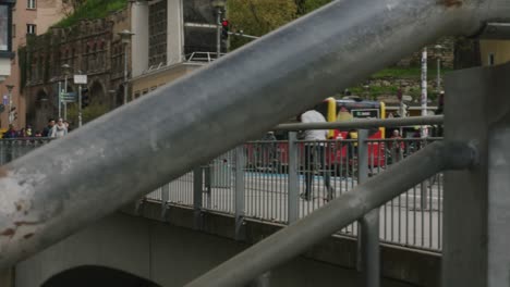 View-of-people-walking-in-busy-Tubingen-urban-downtown-in-Bavaria,-Germany,-Europe,-panning-shot