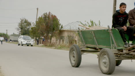 HANDHELD---A-traditional-horse-drawn-cart-trundles-down-a-road,-happy-driver