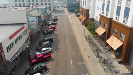 4K-Drone-Video-of-Downtown-Street-in-Fairbanks,-Alaska-on-a-Sunny-Summer-Day