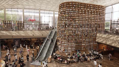 Gente-Leyendo-Libros-Y-Relajándose-Disfrutando-Del-Hermoso-Diseño-Interior-De-La-Biblioteca-Starfield-En-Coex-Mall,-Seúl