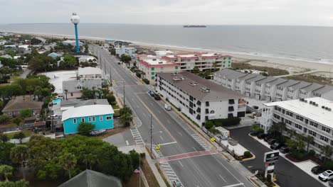 Buque-De-Carga-Torre-De-Agua-Playa-Isla-Tybee-Georgia-Océano-Atlántico-Aéreo-Zumbido