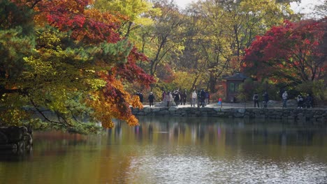 Paisaje-Otoñal-Del-Estanque-Chundangji-Con-Personas-Con-Máscaras-Durante-El-Coronavirus-Covid-19,-Palacio-Changgyeonggung,-Seúl-Corea-Del-Sur