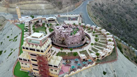 Aerial-view-overlooking-the-Al-Khulb-Park,-in-Saudi-Arabia---circling,-drone-shot