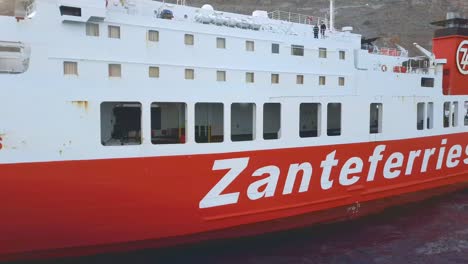 Aerial:-Close-up-of-passenger-ferry-boat-docked-in-port