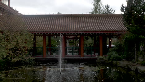 View-of-a-water-fountain-on-the-lake-with-lotus-leaves-floating-on-the-water-on-the-grounds-of-Excellency-Midlands-Wedding-Venue