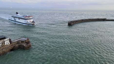 P-and-O-ferry-entering-harbour-Port-of-Dover-,-kent-England-,-aerial-4k-footage