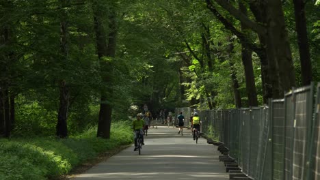 Amplia-Vista-De-La-Gente-Andando-En-Bicicleta-En-Tiergarten,-Berlín,-Alemania