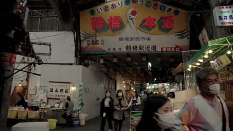 Tsuruhashi-Markets-in-Osaka-Japan,-Japanese-People-Shopping-in-Korea-Town