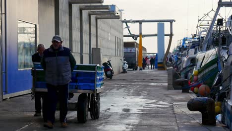 Zwei-Fischer-Arbeiten-Daran,-Frischen-Fisch-Durch-Den-Hafen-Von-Santa-Pola-Zu-Tragen-Und-Zu-Transportieren