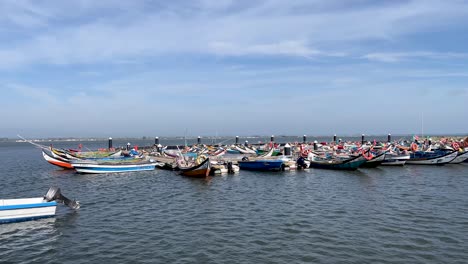 Colourful-traditions-fishing-boats-moored-at-Torreira,-Portugal