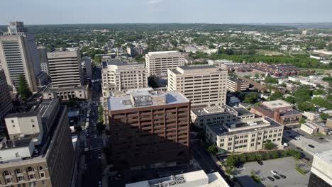 Aerial-view-of-the-Wilmington-city-skyline,-in-sunny-Delaware,-USA---pan,-drone-shot