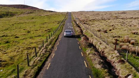 A-narrow-country-road-in-County-Kerry,-Ireland-cuts-through-fenced-pasture-land-with-sheep-grazing-on-green-grass