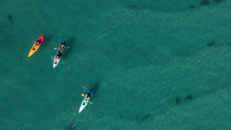 Vista-Aérea-De-Un-Grupo-De-Personas-Remando-En-Kayaks