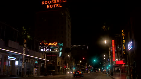 Walk-of-Fame-by-night,-Hollywood-Boulevard,-Los-Angeles,-California,-US,-July-2019