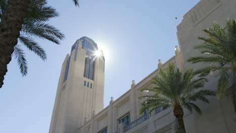 Pan-left-of-the-Smith-building-for-performing-arts-with-the-sun-shining-though-the-spire