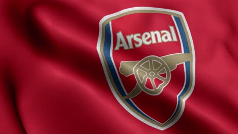 Bucle-De-Primer-Plano-Animado-De-4k-De-Una-Bandera-Ondeante-Del-Equipo-De-Arsenal-De-Fútbol-De-La-Liga-Principal-En-El-Reino-Unido