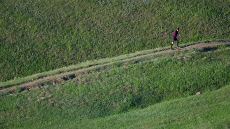 Aerial-view-of-man-hiking-a-trail-in-spring