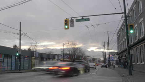 Traffic-At-Victoria-Drive-At-Powell-Street-In-Vancouver,-BC,-Canada